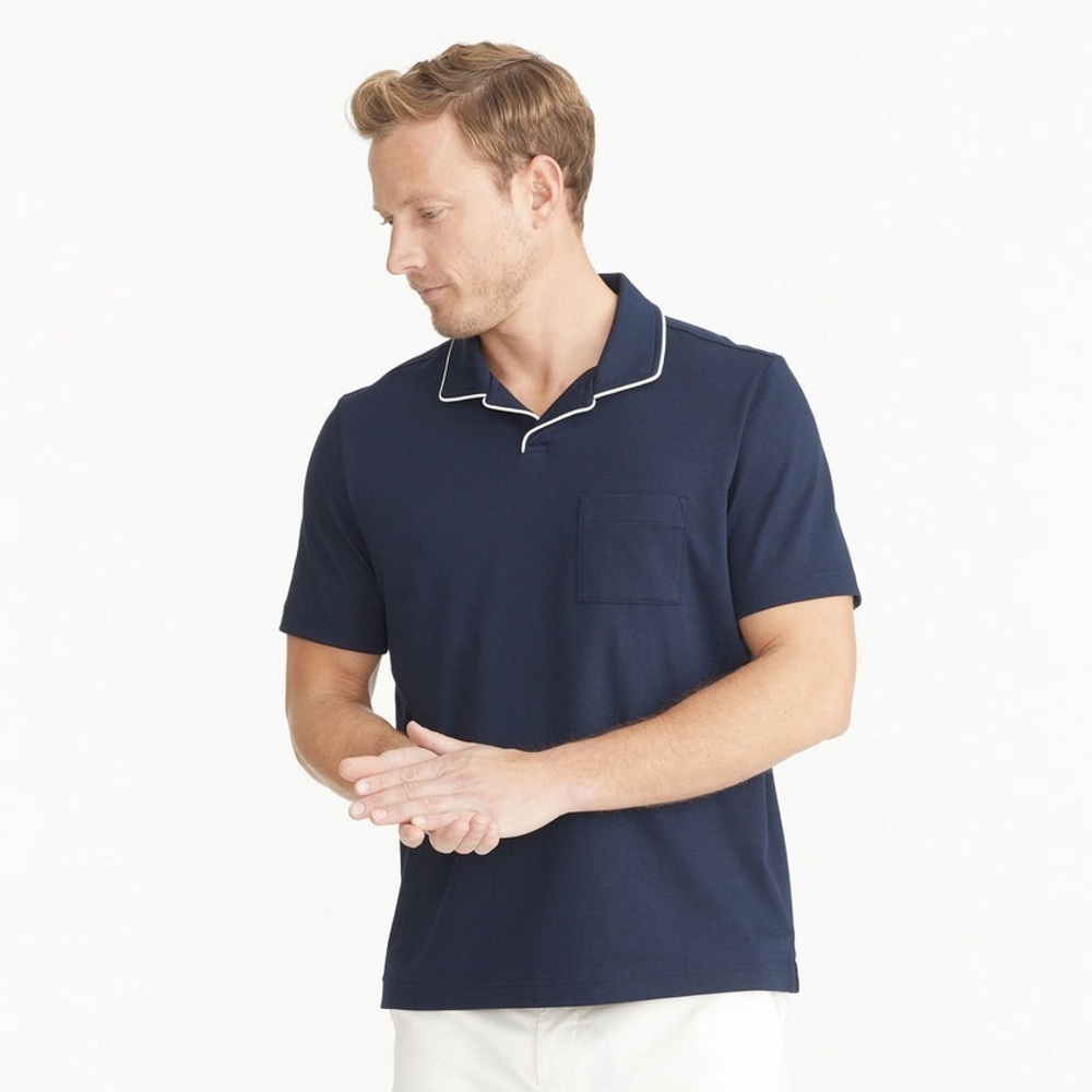 UNTUCKit Johnny Collar Polo Navy Short-Sleeve with Contrast Piping